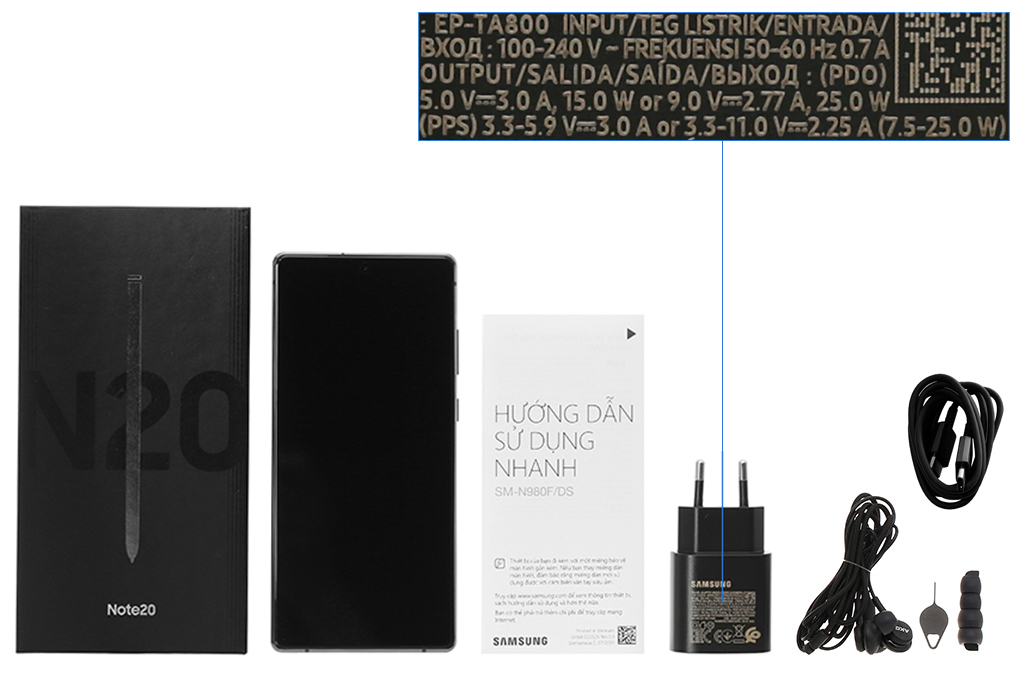 Bộ sản phẩm gồm: Hộp, Sạc, Tai nghe, Sách hướng dẫn, Bút cảm ứng, Cáp, Cây lấy sim